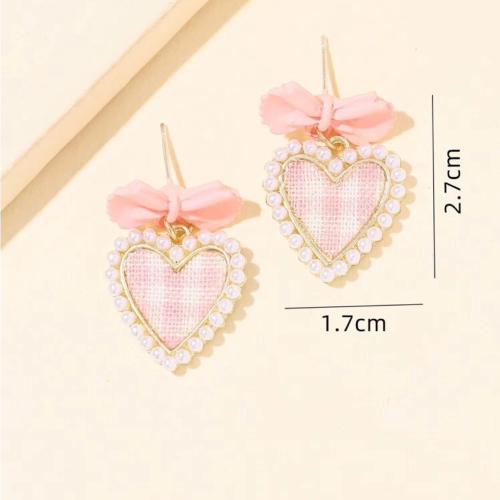 Pink Gingham Heart Earrings, Pink Heart and Bow Earrings, Barbie Earrings - Picture 4 of 4